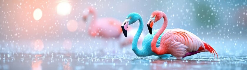 Fototapeta premium Graceful flamingos wading in shallow water, raindrops rippling around them, delicate pink and blue hues intertwining