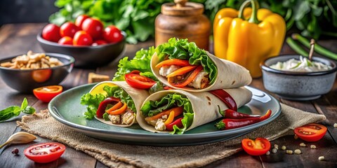 Stylish Chicken and Vegetable Wrap Fashion Photography for Food Lovers, Vibrant Colors, Healthy Eating, Culinary Art, Gourmet Wraps, Fresh Ingredients, Trendy Cuisine, Modern Food Presentation