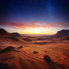 Naklejka premium Dusk or dawn view of an alien desert with a vibrant starry sky and sunlit terrain, perfect for a space adventure game background