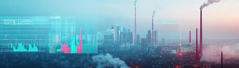 Obraz premium Industrial cityscape with holographic pollution levels overlay, neon lights, high tech, contrast between smog and clear data displays