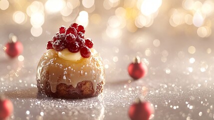 Individual Christmas pudding with brandy butter, isolated on a silver background with small baubles...