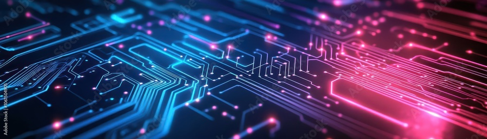 Poster neoncolored electric circuit board with glowing lines and intricate details, set against a dark back
