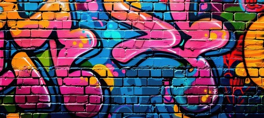 Vibrant 90s-inspired graffiti art featuring bold, neon-colored spray paint and chunky block letters on an urban brick wall. the design includes space for a logo