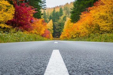 Obraz premium Road with sharp arrow, surrounded by vivid foliage, autumn colors, crisp air, photography, natural lighting, high resolution