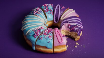 Decorated donut cut into segments with icing and sprinkles in pastels
