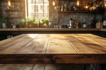 Wooden Countertop with Modern Kitchen Background