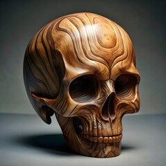 wooden skull sculpture with natural grain patterns