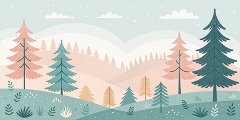 Obraz premium minimalist cute cartoon forest pine background