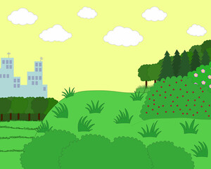 hill with green grass and forest on background building