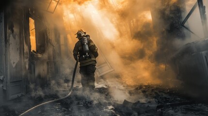 Obraz premium Firefighter in protective gear maneuvers through a smoke-filled, debris-laden building, hose in hand, ready to extinguish intense flames amidst swirling smoke and destruction, courage and resilience.