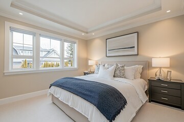 Fototapeta premium Cozy Bedroom with Neutral Tones and Simple Artwork