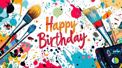 Colorful birthday card design featuring artistic elements like paintbrushes, vibrant splatters, and a palette. the playful, artistic font in bold colors adds a creative touch to the birthday greeting.