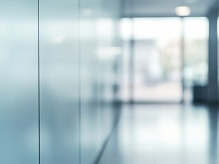 A blurred corridor with glass walls and soft lighting, creating a modern, serene atmosphere.