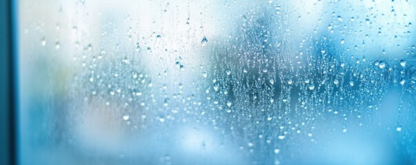 Fototapeta premium A close-up of water droplets on a foggy glass surface, creating a serene atmosphere.