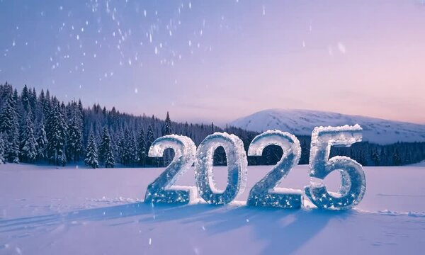 Winter landscape with '2025' new year number. Generative AI