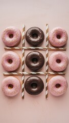 Fototapeta premium Assortment of Nine Donuts with Chocolate, Vanilla, and Pink Frosting