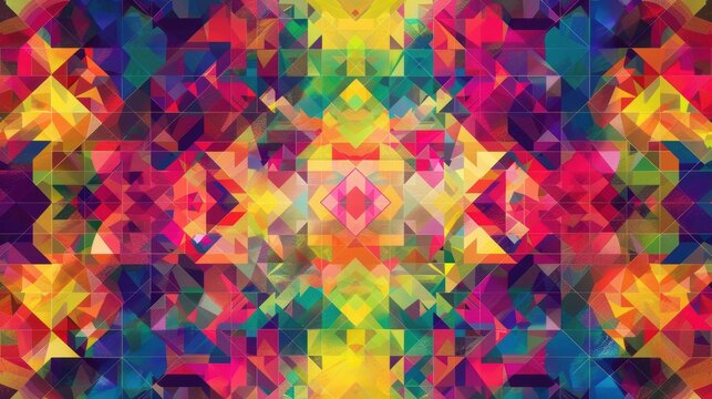 A pixelated abstract geometric pattern in vibrant, kaleidoscopic colors. this design is ideal for music festival posters, creative advertisements