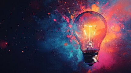 Glowing light bulb with abstract paint splashes, symbolizing creativity and fresh ideas