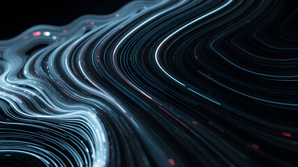 Abstract futuristic blue wave with moving dots. Flow of particles with glitch effect.