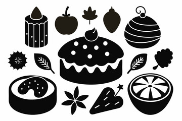 Set of objects silhouettes for Traditional Christmas Fruit Cake with Nuts on a white background