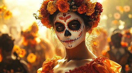 A woman with her face painted like the Catrina skull, wearing an orange dress and a floral wreath on her head