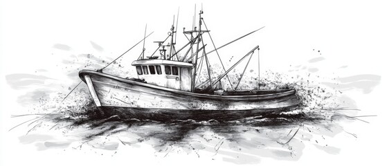 Elegant minimalist haiga artwork depicting a trawler floating by still waters, rendered with sparse ink lines, capturing the peaceful essence of Japanese aesthetics and nature