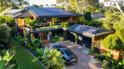Obraz premium A suburban home featuring solar panels on the roof and an electric car charging in the driveway. the lush green landscaping enhances its eco-friendly appeal
