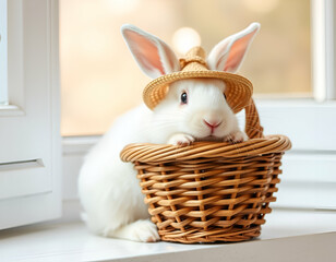 white rabbit in a basket