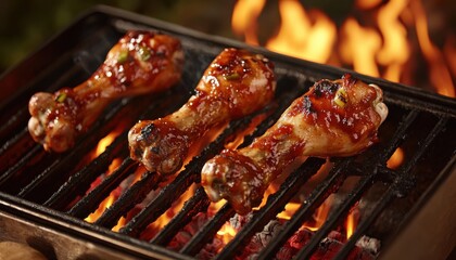 Grilled chicken drumsticks coated in sauce, sizzling over an open flame, showcasing a delicious outdoor cooking scene.