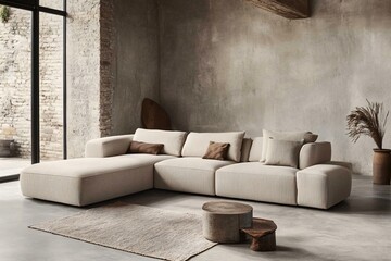 Serene Living Room with Muted Tones and Gentle Shadows