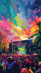 Obraz premium Dynamic festival scene showcasing the vip experience with premium seating areas under a nighttime sky. the colorful lights and energetic crowd emphasize the exclusive, vibrant atmosphere