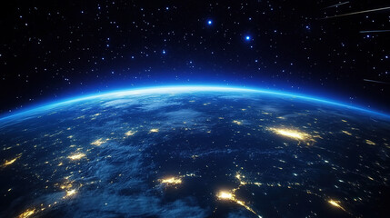 Fototapeta premium Beautiful blue planet Earth with glowing lights and stars seen from space, wide angle