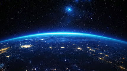 Obraz premium Beautiful blue planet Earth with glowing lights and stars seen from space, wide angle