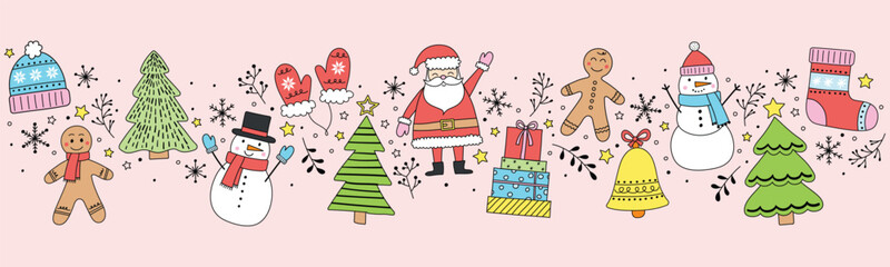 Colourful Christmas banner with cartoon elements. Vector illustration