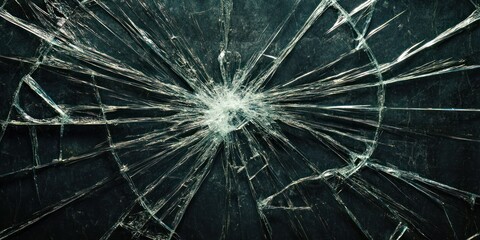 Obraz premium Image of shattered glass with a central impact point and radiating cracks.