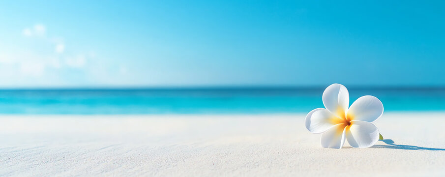 Low-angle shot of a single frangipani flower resting on white sand beach with turquoise ocean and bright blue sky in background tropical calm serene vibe sharp details