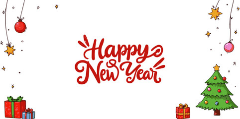 Happy New Year 2025 Celebration Text template vector. Happy New Year illustration with typography lettering and Christmas theme on light  background. Holiday design for flyer, greeting card, banner