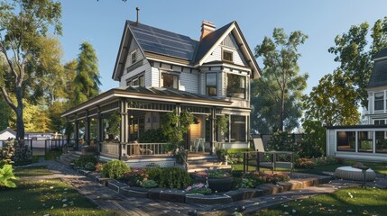 Victorian-style house featuring solar panels and a wraparound porch, surrounded by a lush garden in a historic neighborhood. this sustainable home blends classic architecture