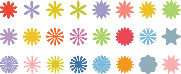 Colorful starburst shapes, vector badge or label, retro stars, flat vector decorative clip art element set, isolated