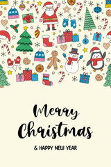 Christmas greeting card with cartoon characters and decorations. Vector illustration