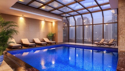 A serene indoor pool area featuring lounge chairs and large windows, offering a relaxing atmosphere in an urban setting.