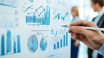 A person using a whiteboard to show the plan to follow, economic graphs can be seen, meeting room, people looking at the presenter, they are planning financially, managerial environment

