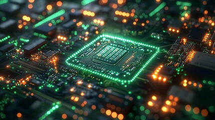 Fototapeta premium Glowing Green Circuit Board with Processor Chip Close Up