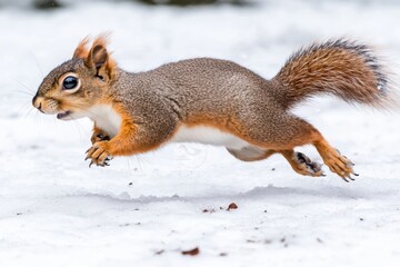 A lively squirrel leaps through a snowy landscape, showcasing its agility and the beauty of nature in winter.