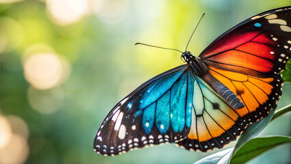 Fototapeta premium Colorful butterfly perched on a leaf surrounded by lush greenery.