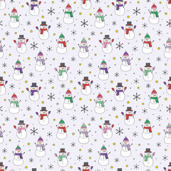 Christmas background. Seamless pattern design with hand drawn snowman. Vector illustration