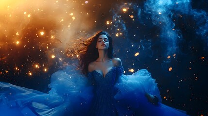 Obraz premium a 20-year-old woman wear dressed as a fantasy in a pompous bright blue dress with her long dark brown hair lifted through the air with a fantasy background