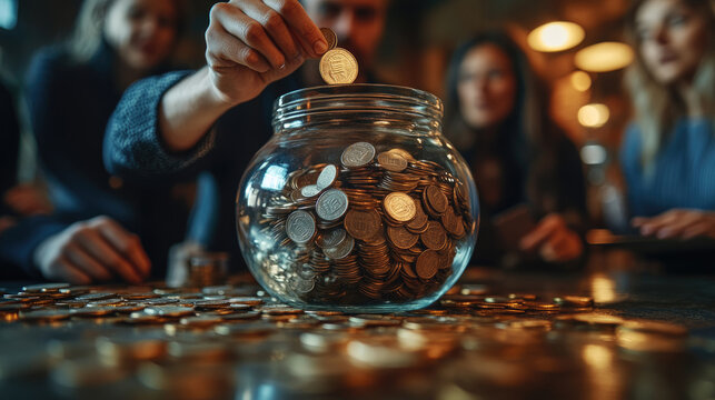 A group of friends enthusiastically contributes coins to a large jar, engaging in a fun savings challenge while enjoying each other's company
