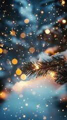 Christmas snow light background in a quiet forest with twinkling lights reflecting off snowy trees