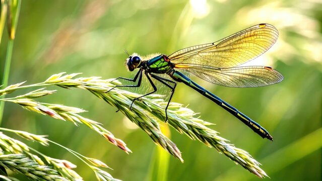 Close-up of a dragonfly perched on a green blade of grass.